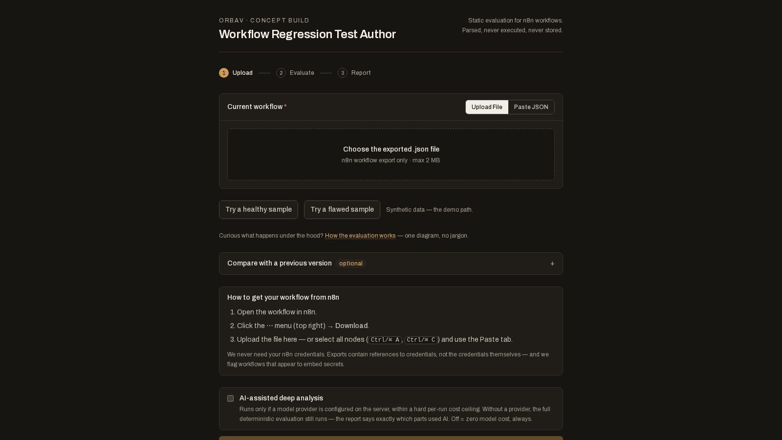 The tool’s upload screen as shipped: upload-or-paste panel for the current export, healthy and flawed synthetic samples, an optional compare-with-previous-version toggle, n8n export instructions, and the fenced AI-analysis opt-in.